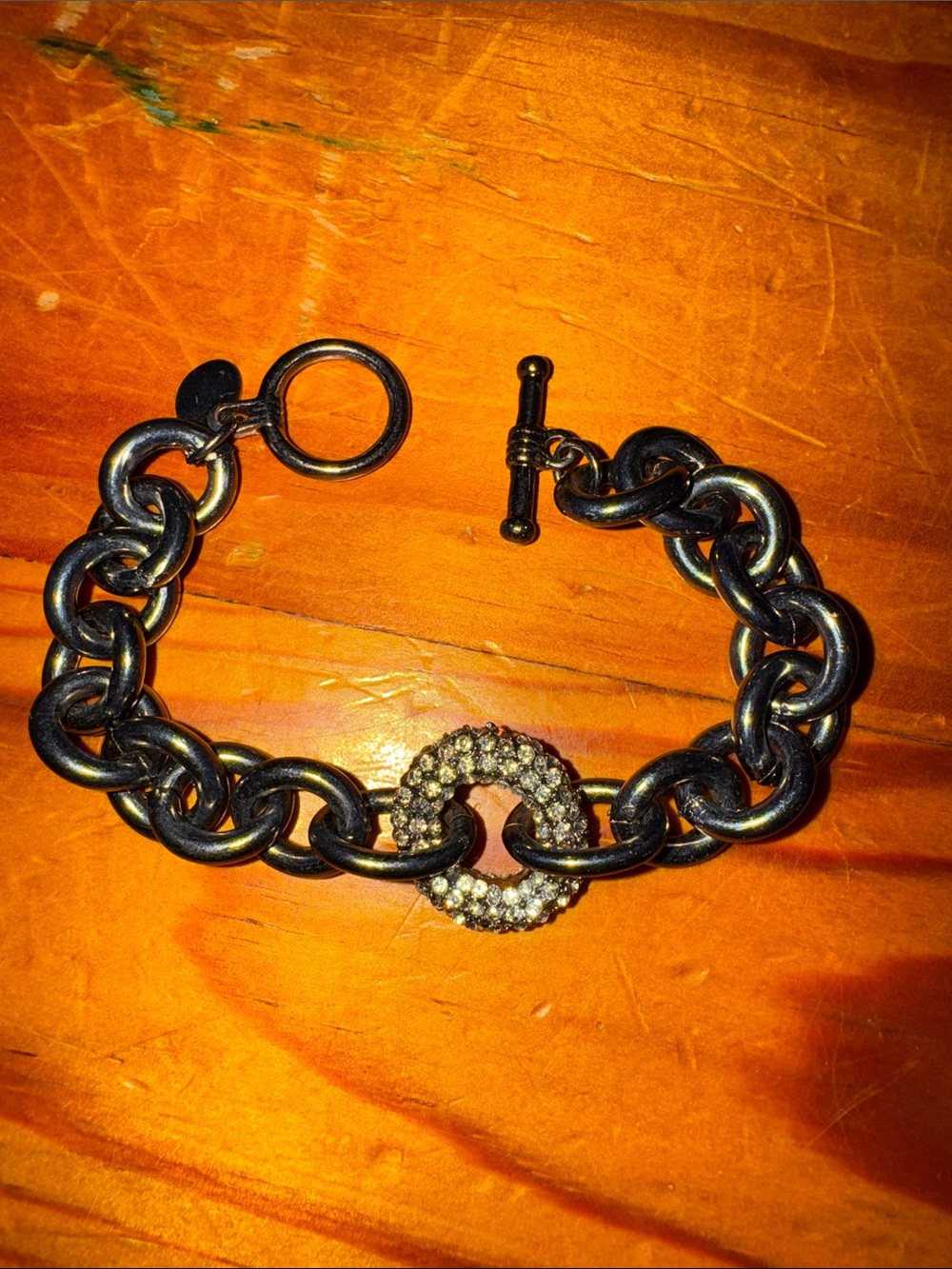 Chunky Black Chain Bracelet with Pave Circle Accent
